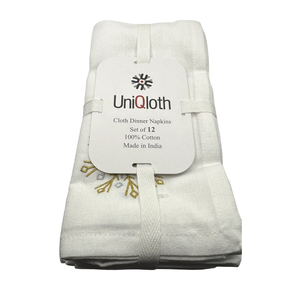 UniQloth White Cotton Dinner Napkins Set of 12 Gold Silver Snowflake Embroidery